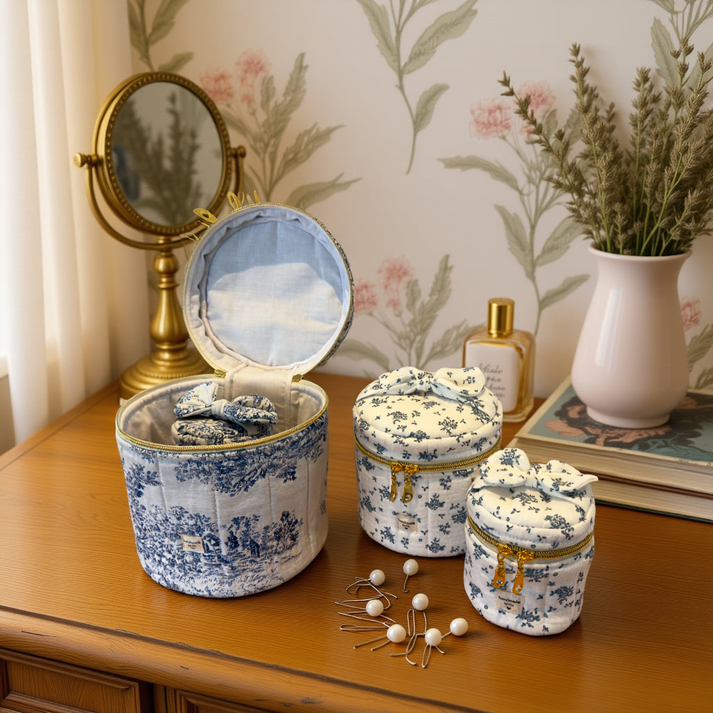 Patrón de costura neceser redondo acolchado con asa, lazo decorativo y forro, 3 tamaños