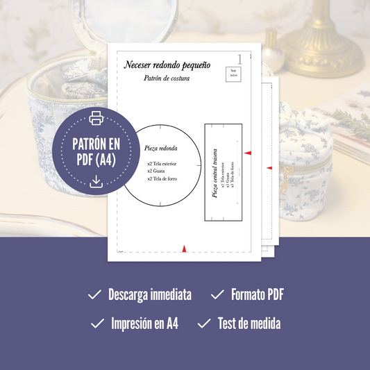 Patrón de costura neceser redondo acolchado con asa, lazo decorativo y forro, 3 tamaños