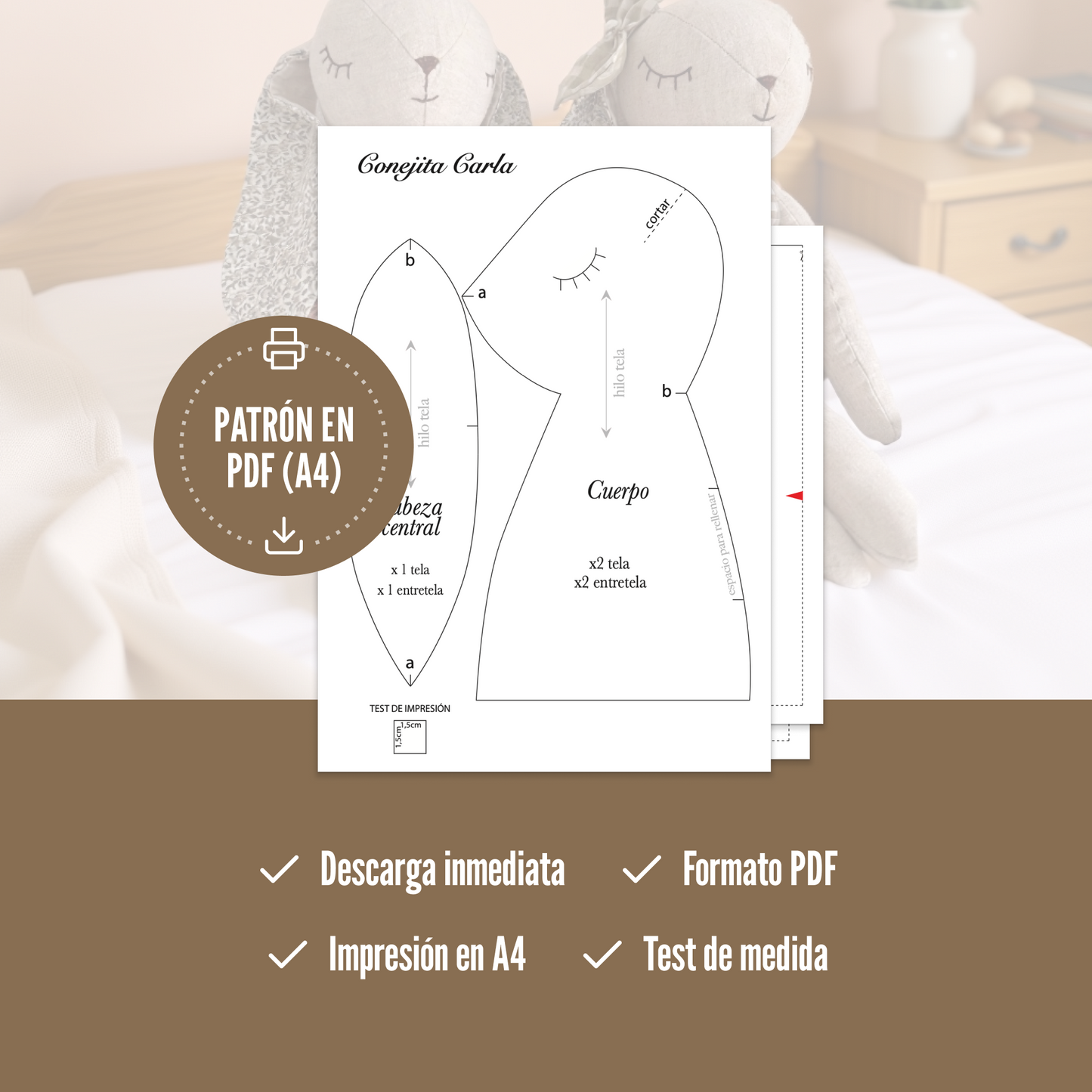 Patrón de costura conejita de peluche con 3 accesorios: vestido, peto y capota