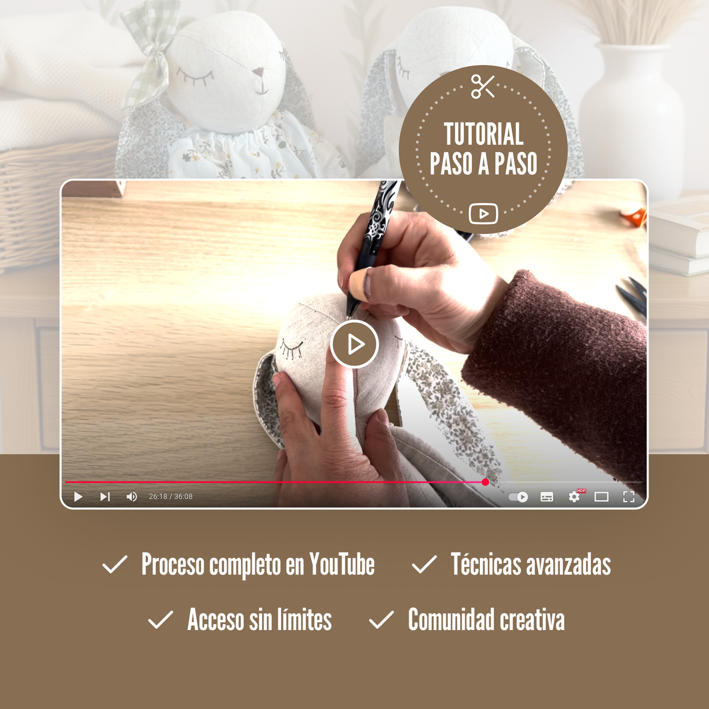 Patrón de costura conejita de peluche con 3 accesorios: vestido, peto y capota