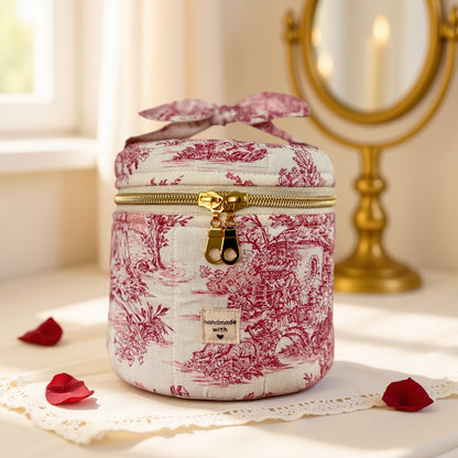 Patrón de costura neceser redondo acolchado con asa, lazo decorativo y forro, 3 tamaños