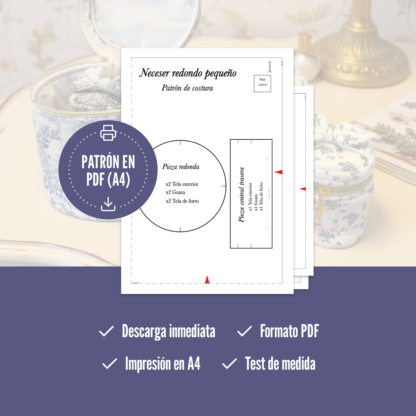 Patrón de costura neceser redondo acolchado con asa, lazo decorativo y forro, 3 tamaños