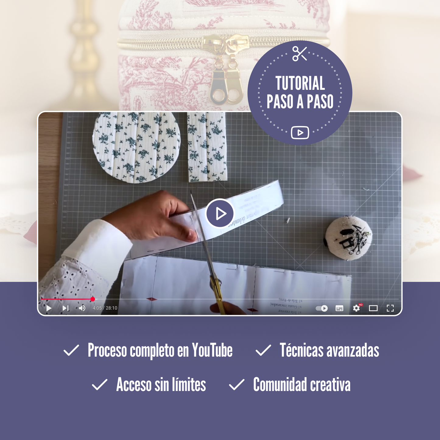 Patrón de costura neceser redondo acolchado con asa, lazo decorativo y forro, 3 tamaños