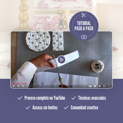 Patrón de costura neceser redondo acolchado con asa, lazo decorativo y forro, 3 tamaños