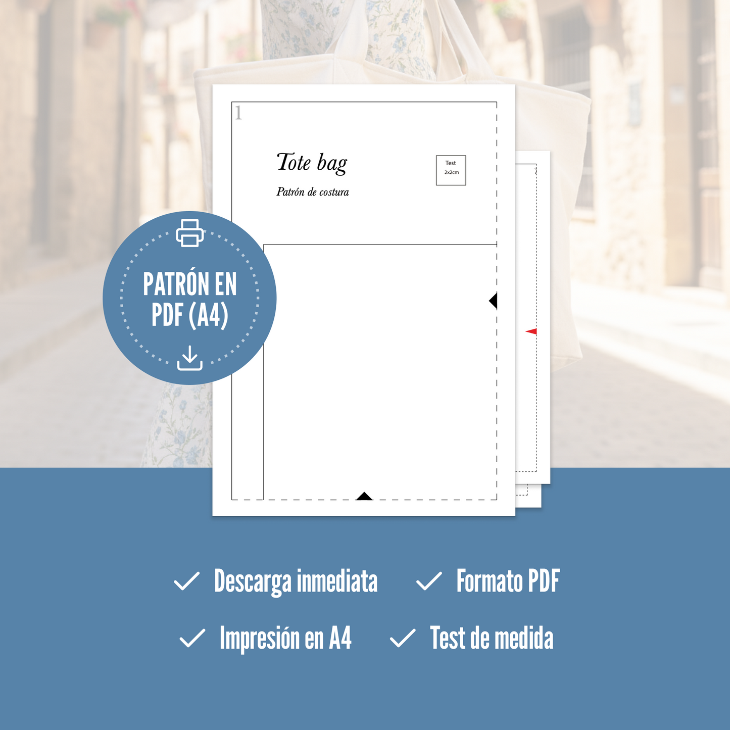 Patrón de costura tote bag acolchada con asas, bolsillo exterior y forro interno con bolsillos