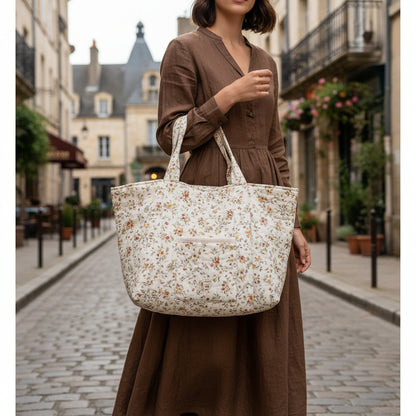 Patrón de costura tote bag acolchada con asas, bolsillo exterior y forro interno con bolsillos